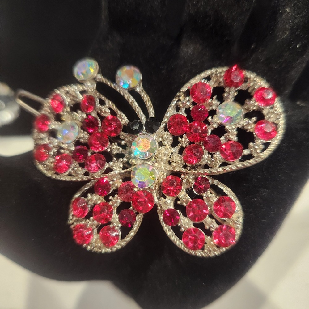 Vintage Red AB Rhinestone Butterfly Hair Clip Silver Tone Filigree Slide